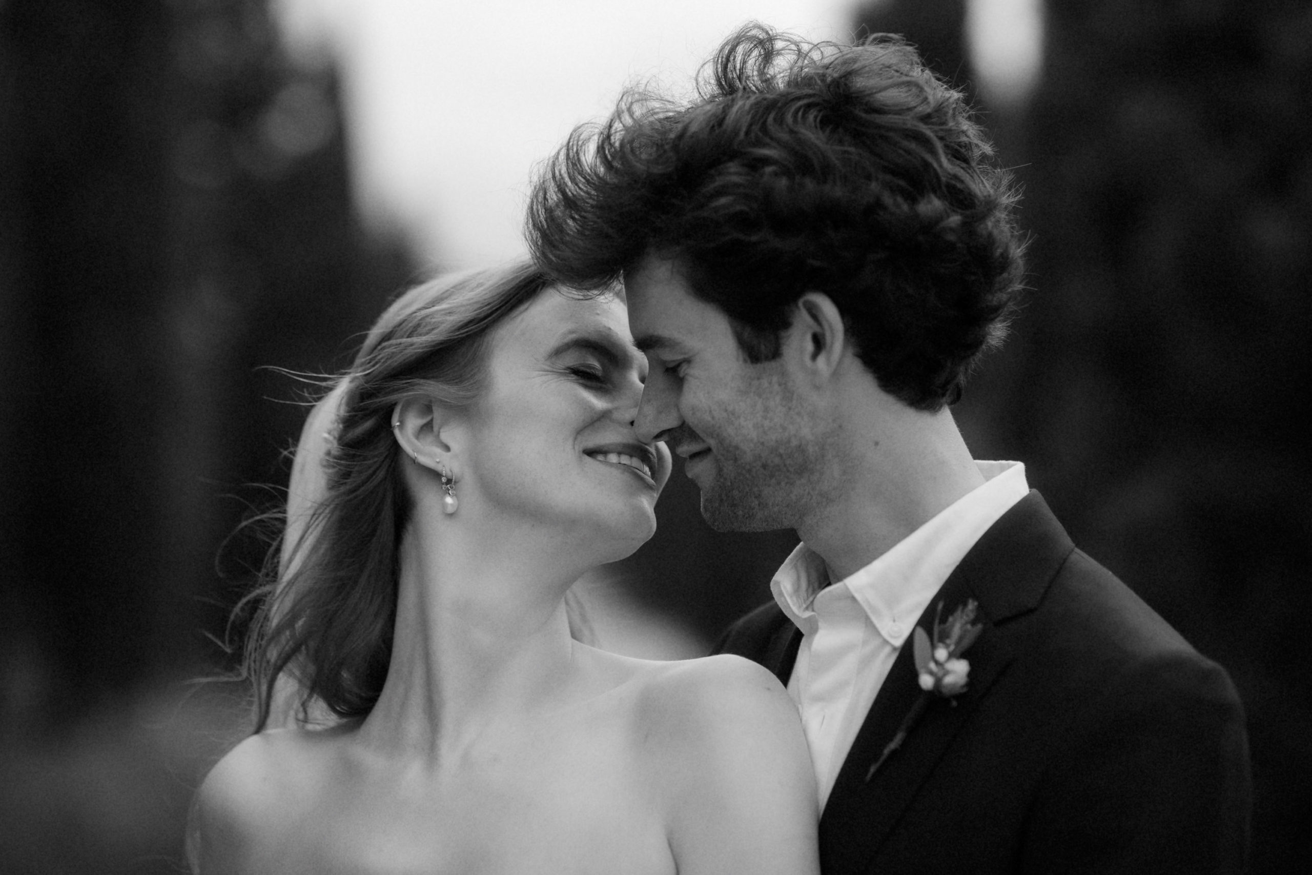 Black and white portrait of a couple on their wedding day
